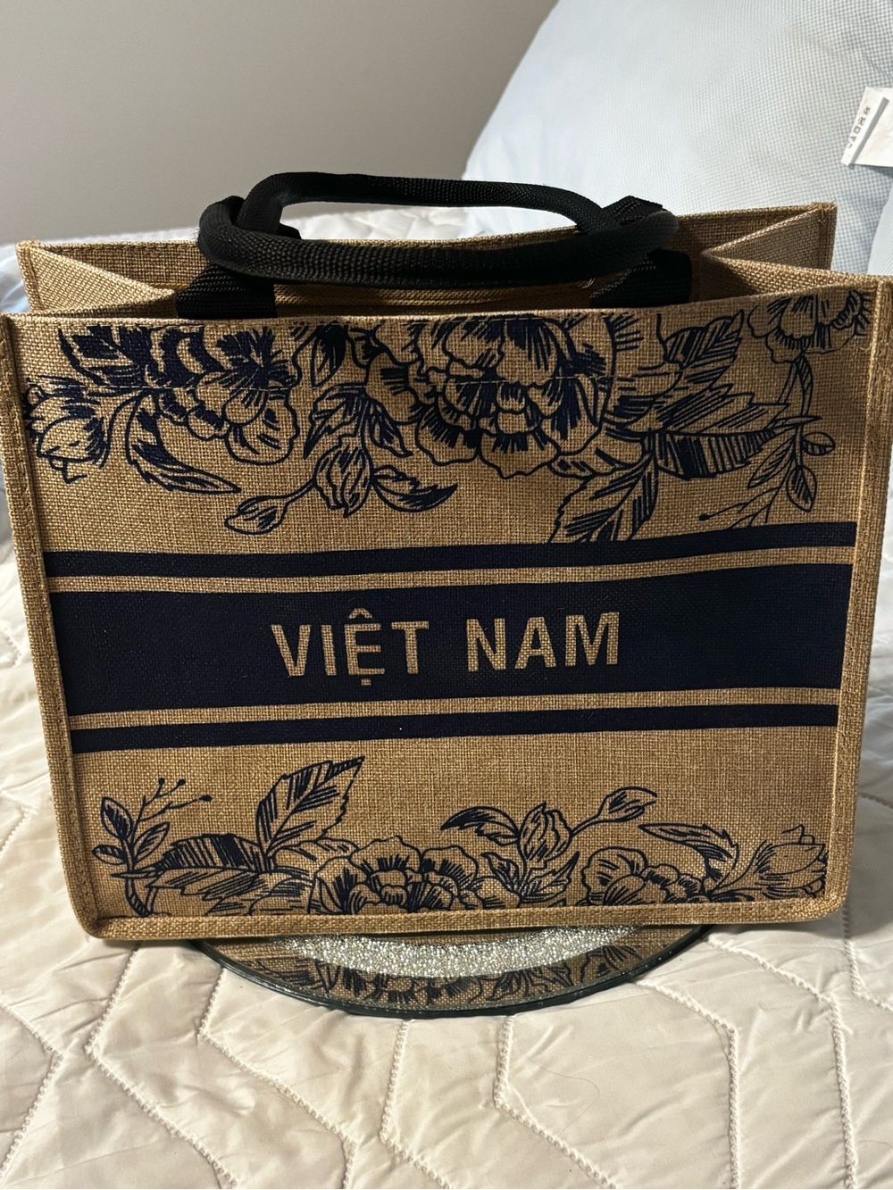 VIỆT NAM Floral Natural Jute Tote with Navy Detail